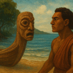 A detailed painting of Tiola, a strong islander, standing on a sandy shore beside a canoe adorned with a carved wooden face, the first Nguzu Nguzu. Behind him, calm blue waters and mangroves reflect the Roviana Lagoon, symbolizing Tiola’s creation of the watching spirit that would guard all seafarers from danger.