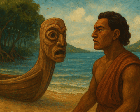 A detailed painting of Tiola, a strong islander, standing on a sandy shore beside a canoe adorned with a carved wooden face, the first Nguzu Nguzu. Behind him, calm blue waters and mangroves reflect the Roviana Lagoon, symbolizing Tiola’s creation of the watching spirit that would guard all seafarers from danger.