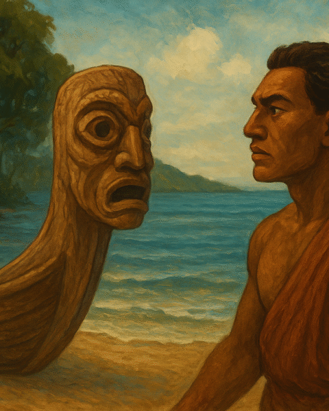 A detailed painting of Tiola, a strong islander, standing on a sandy shore beside a canoe adorned with a carved wooden face, the first Nguzu Nguzu. Behind him, calm blue waters and mangroves reflect the Roviana Lagoon, symbolizing Tiola’s creation of the watching spirit that would guard all seafarers from danger.