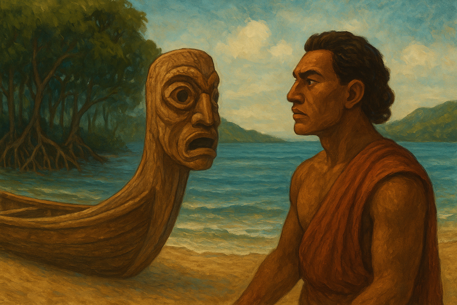 A detailed painting of Tiola, a strong islander, standing on a sandy shore beside a canoe adorned with a carved wooden face, the first Nguzu Nguzu. Behind him, calm blue waters and mangroves reflect the Roviana Lagoon, symbolizing Tiola’s creation of the watching spirit that would guard all seafarers from danger.