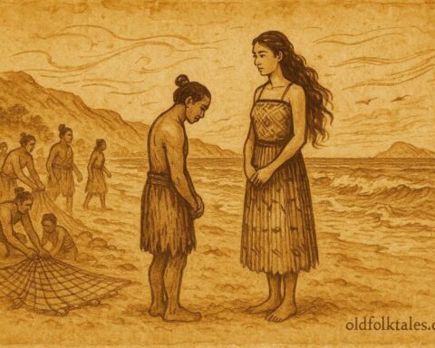 An illustration of Kahungunu courting Rongomaiwahine by the sea, Māori folktale of New Zealand.