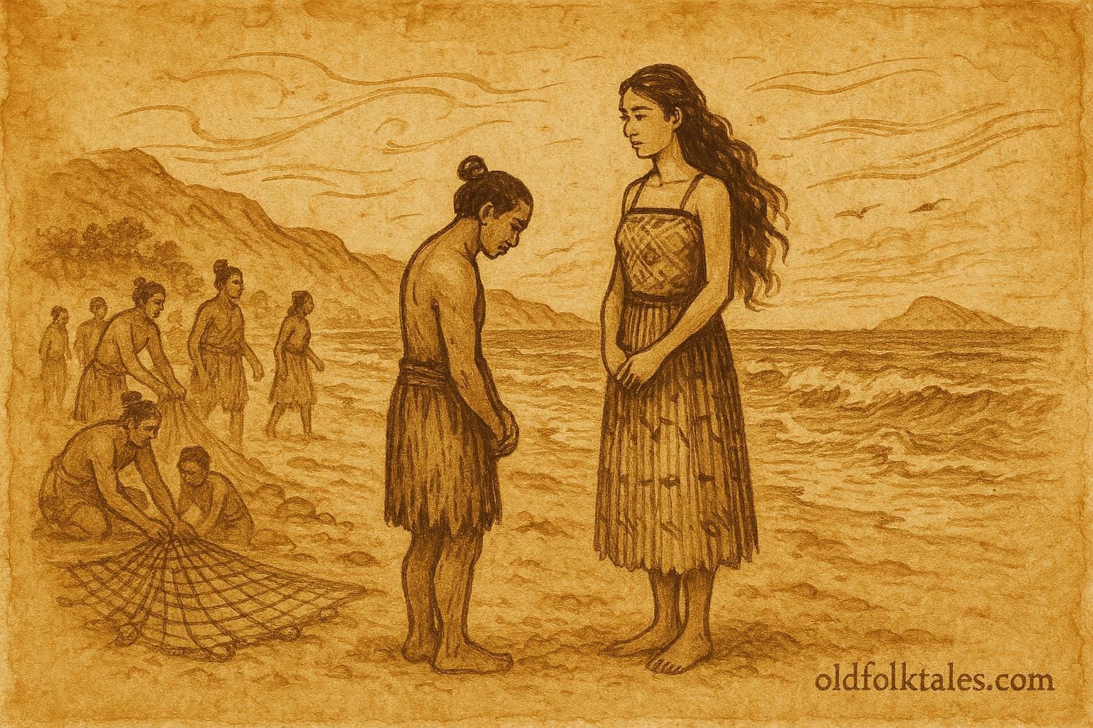 An illustration of Kahungunu courting Rongomaiwahine by the sea, Māori folktale of New Zealand.