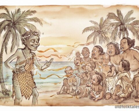 Letao the mischievous demigod among villagers near the ocean in the Marshall Islands.
