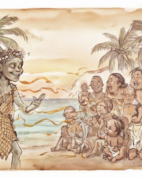Letao the mischievous demigod among villagers near the ocean in the Marshall Islands.