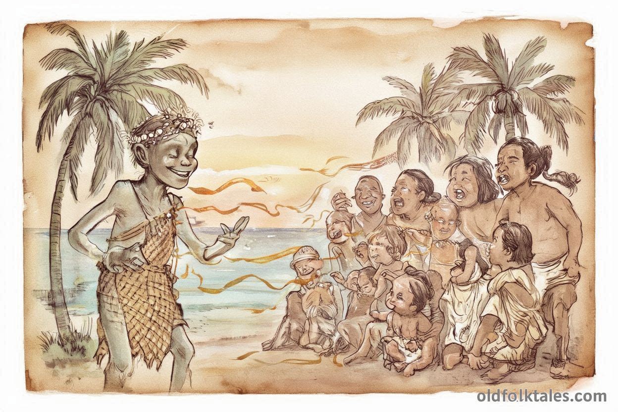 Letao the mischievous demigod among villagers near the ocean in the Marshall Islands.