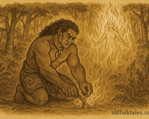 An illustration of Māui creating fire with wood, Tahitian folktale scene.