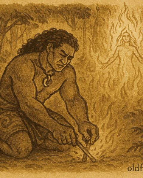 An illustration of Māui creating fire with wood, Tahitian folktale scene.