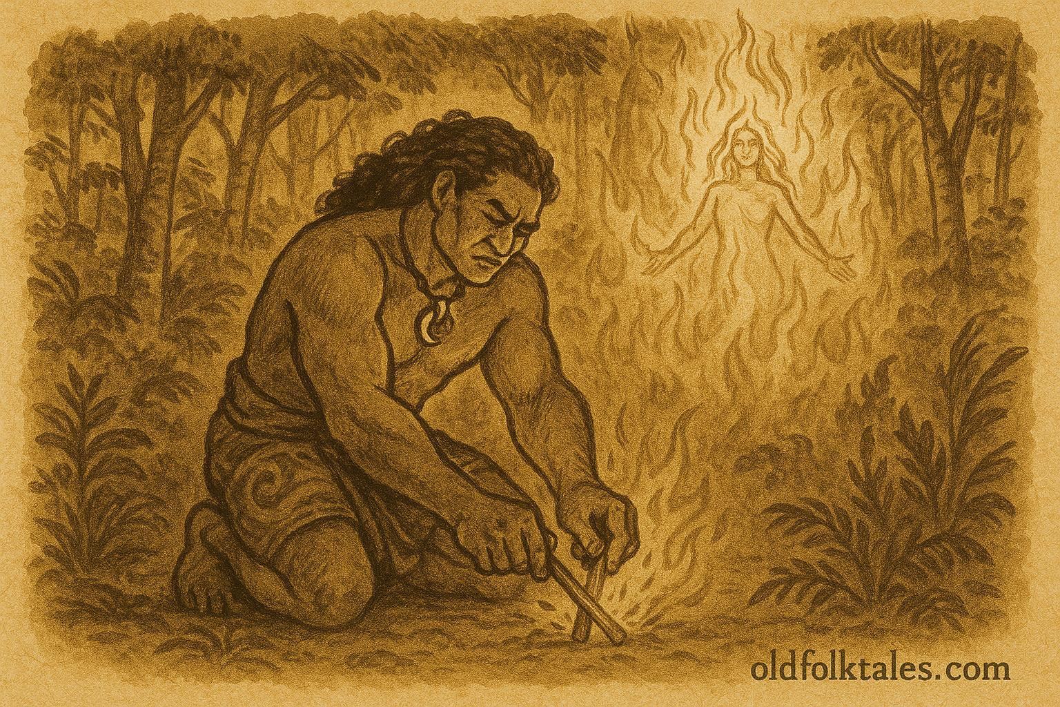 An illustration of Māui creating fire with wood, Tahitian folktale scene.