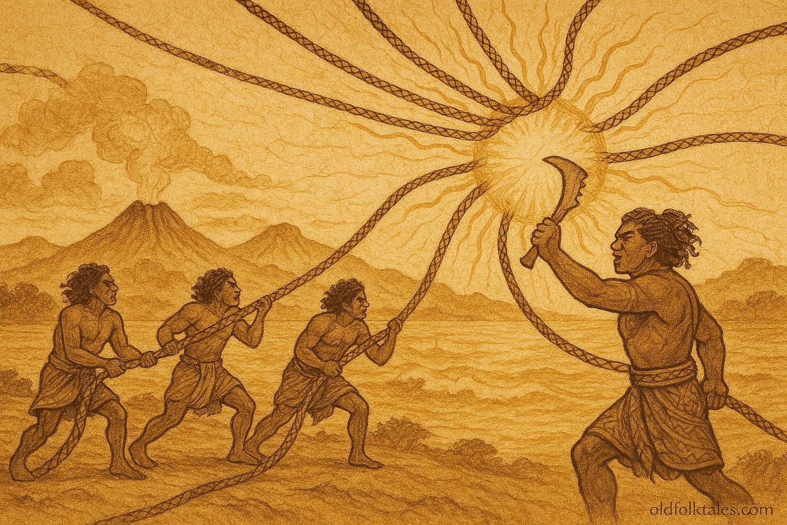 An illustration of Māui trapping the Sun with ropes, Māori folktale from New Zealand.