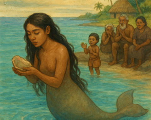 A watercolor illustration of Meli turning into a dugong in the turquoise lagoon as her family watches from the shore, symbolizing love, loss, and transformation.