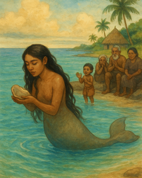 A watercolor illustration of Meli turning into a dugong in the turquoise lagoon as her family watches from the shore, symbolizing love, loss, and transformation.
