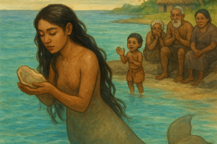 A watercolor illustration of Meli turning into a dugong in the turquoise lagoon as her family watches from the shore, symbolizing love, loss, and transformation.