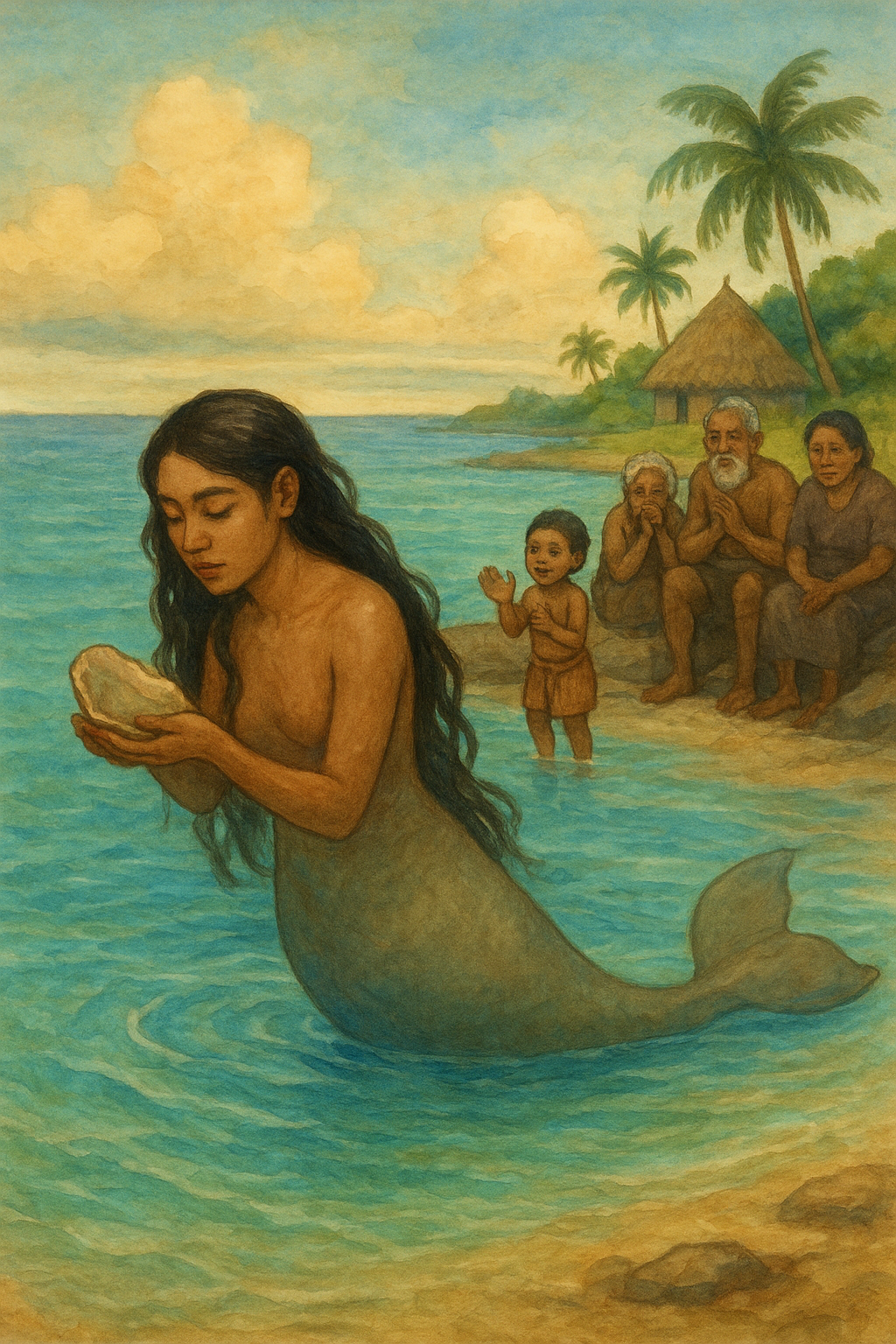 A watercolor illustration of Meli turning into a dugong in the turquoise lagoon as her family watches from the shore, symbolizing love, loss, and transformation.