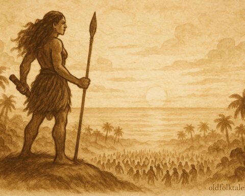 An illustration of Nafanua holding her spear above peaceful Samoan tribes, Samoan goddess folktale scene.