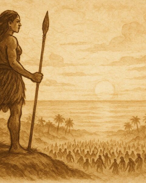 An illustration of Nafanua holding her spear above peaceful Samoan tribes, Samoan goddess folktale scene.