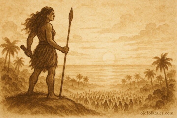 An illustration of Nafanua holding her spear above peaceful Samoan tribes, Samoan goddess folktale scene.