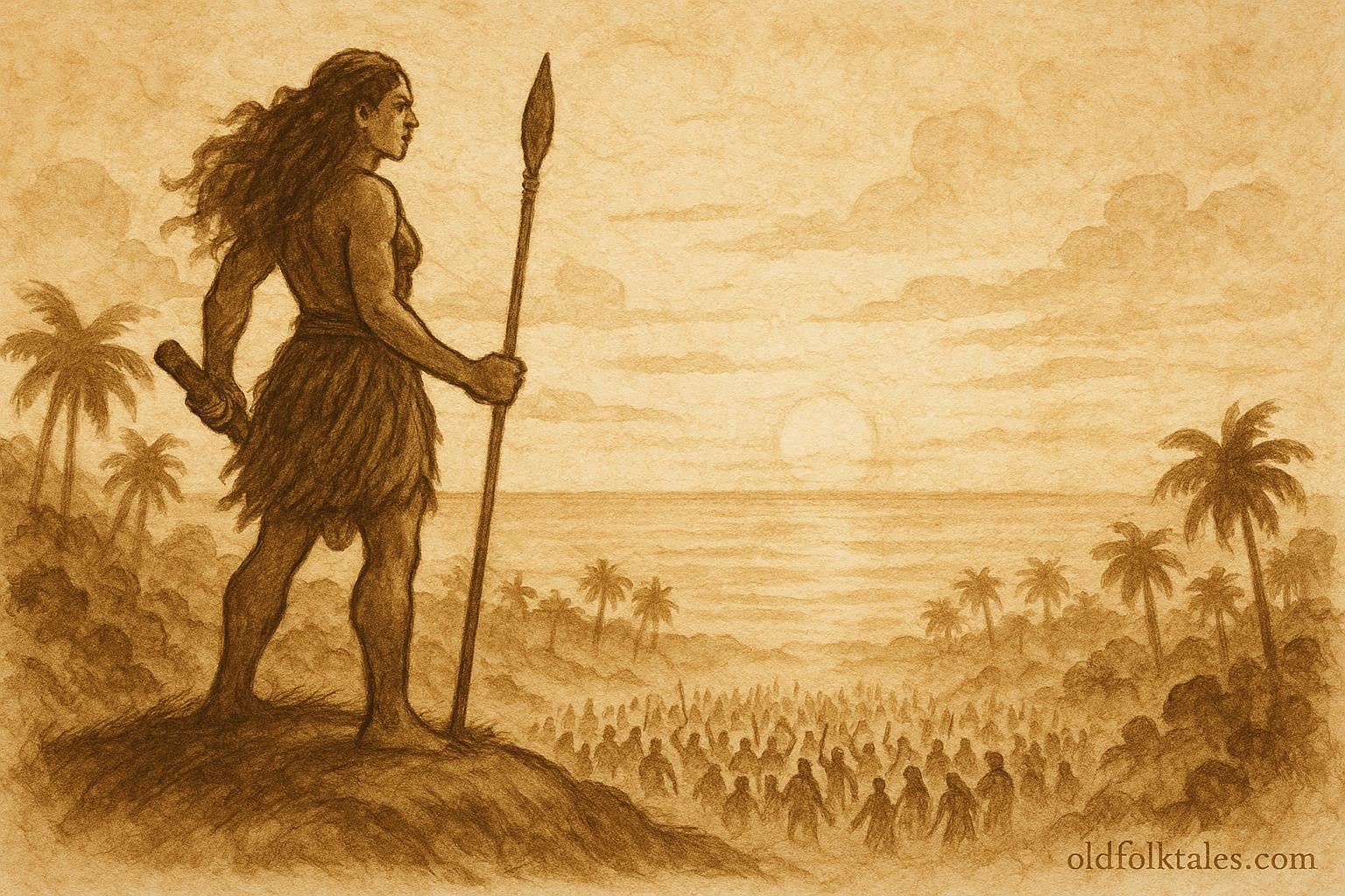 An illustration of Nafanua holding her spear above peaceful Samoan tribes, Samoan goddess folktale scene.