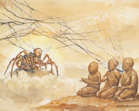 Nareau the spider god weaving the world of light and clay, Kiribati creation folktale scene.