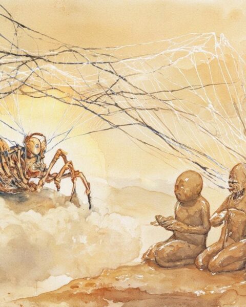 Nareau the spider god weaving the world of light and clay, Kiribati creation folktale scene.