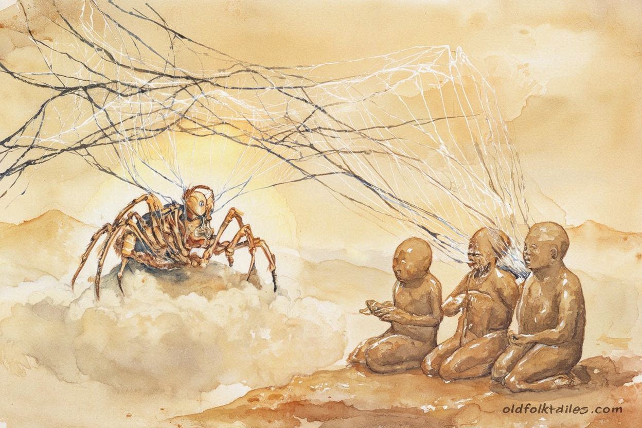 Nareau the spider god weaving the world of light and clay, Kiribati creation folktale scene.