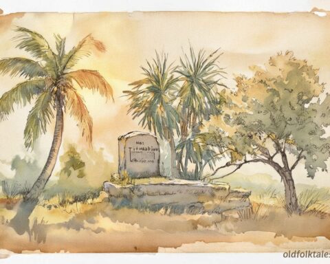 Nei Tituaabine resting as sacred trees grow above her, Kiribati folktale scene.