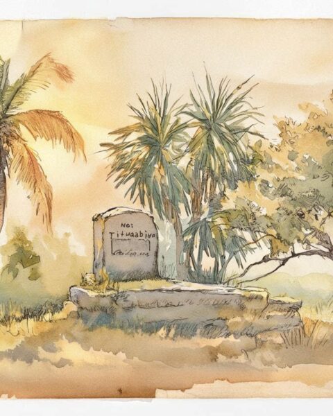 Nei Tituaabine resting as sacred trees grow above her, Kiribati folktale scene.