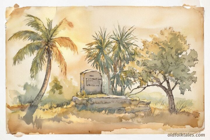 Nei Tituaabine resting as sacred trees grow above her, Kiribati folktale scene.