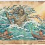 Palauan sea god Ngesechel rising from turquoise waters with fishermen offering gifts.
