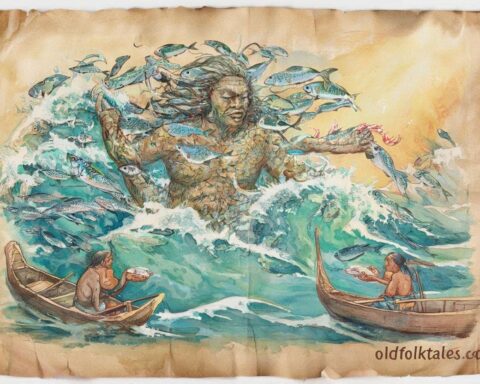 Palauan sea god Ngesechel rising from turquoise waters with fishermen offering gifts.