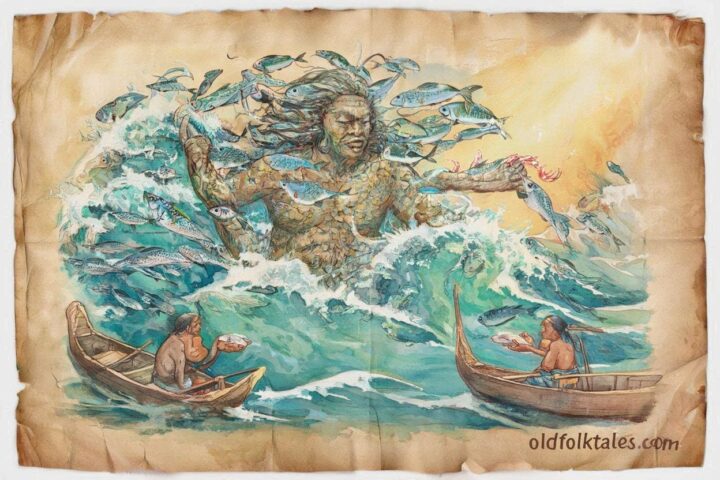 Palauan sea god Ngesechel rising from turquoise waters with fishermen offering gifts.