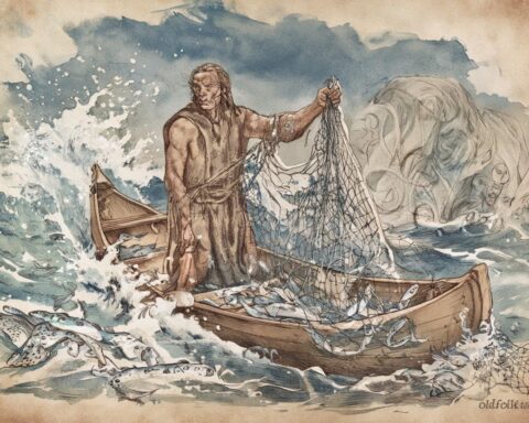 Chief Osilek’s torn net scattering fish across the sea, Palauan folktale scene.