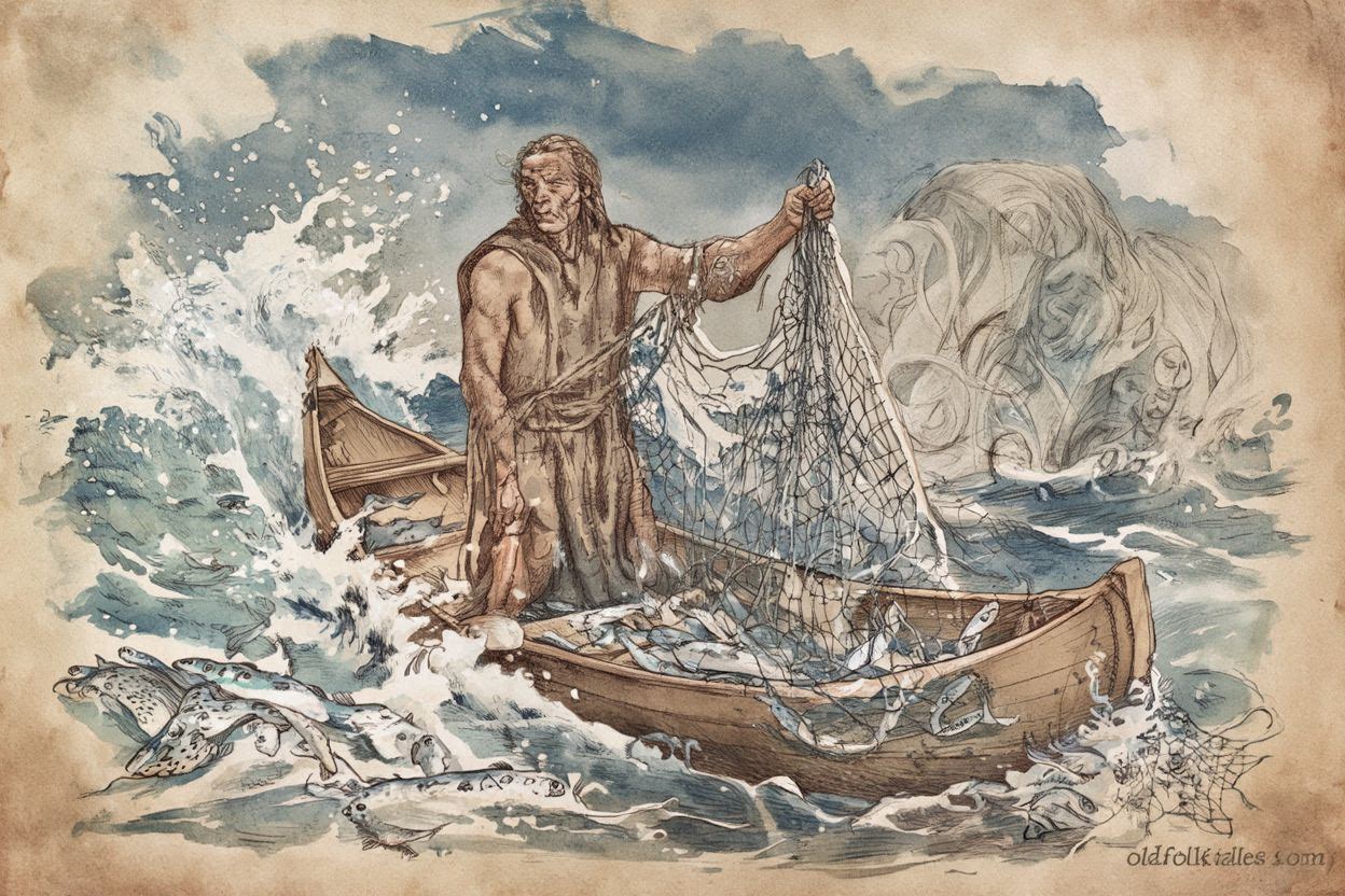 Chief Osilek’s torn net scattering fish across the sea, Palauan folktale scene.