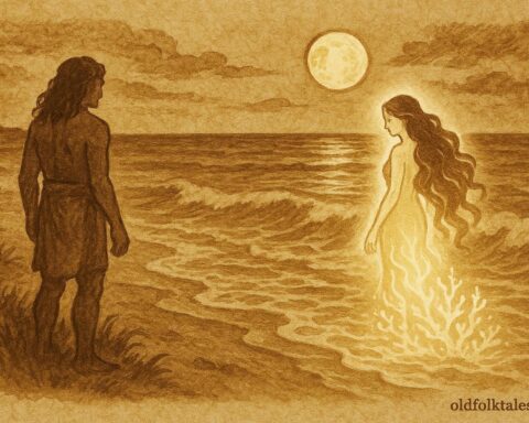 An illustration of Pania, the sea maiden, returning to the ocean near Napier, Māori folktale scene.