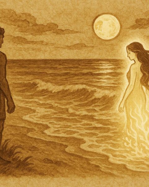 An illustration of Pania, the sea maiden, returning to the ocean near Napier, Māori folktale scene.