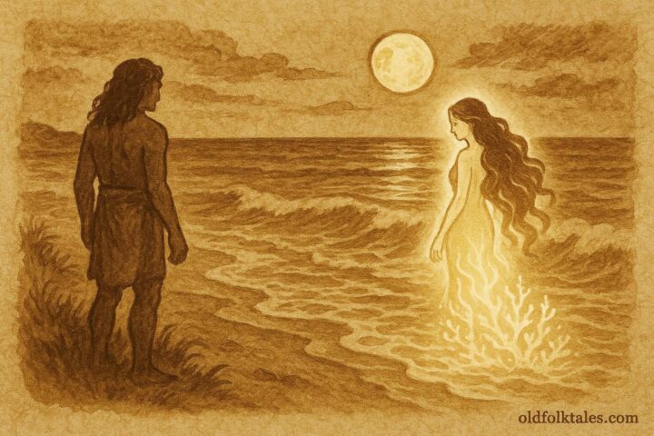 An illustration of Pania, the sea maiden, returning to the ocean near Napier, Māori folktale scene.