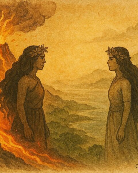 An illustration of Pele and Hi‘iaka facing each other by the volcano, Hawaiian folktale scene.