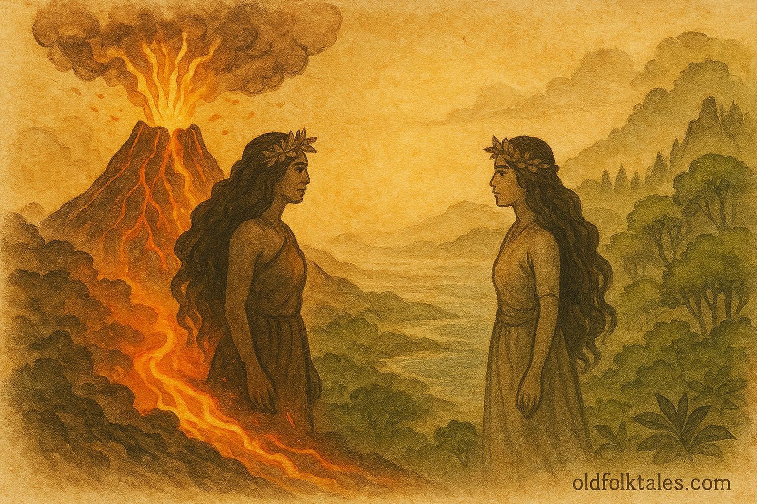 An illustration of Pele and Hi‘iaka facing each other by the volcano, Hawaiian folktale scene.
