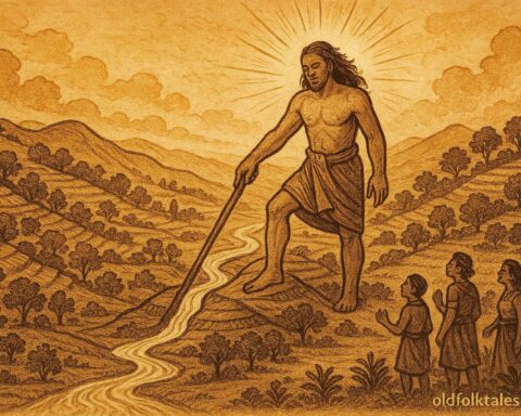 An illustration of Pili shaping rivers and fields with divine light, Samoan folktale scene.