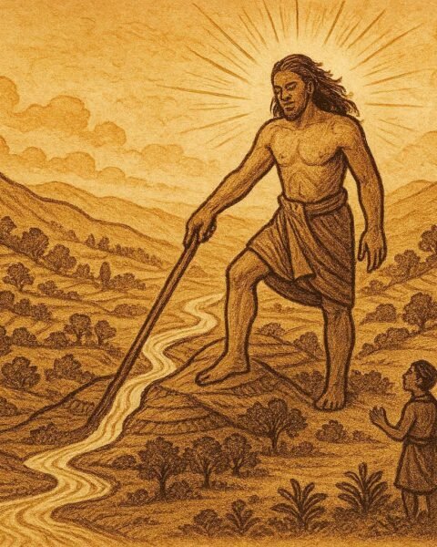 An illustration of Pili shaping rivers and fields with divine light, Samoan folktale scene.