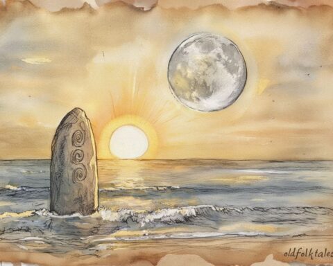 The sun, moon, and sacred stone symbolizing creation in the Chamorro legend from Guam.