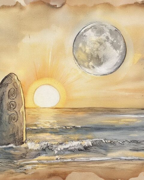 The sun, moon, and sacred stone symbolizing creation in the Chamorro legend from Guam.