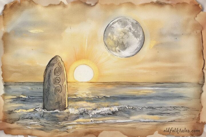 The sun, moon, and sacred stone symbolizing creation in the Chamorro legend from Guam.