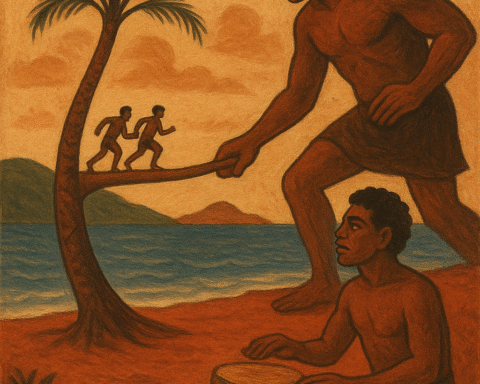 ChatGPT said: A parchment-style illustration of the Vanuatu legend “Qasavara the Giant,” showing Qat drumming on the red earth as a towering giant with shark-like teeth reaches for fleeing men climbing a bending casuarina tree that bridges to another island beneath an orange sky and blue sea.