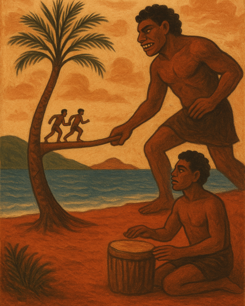 ChatGPT said: A parchment-style illustration of the Vanuatu legend “Qasavara the Giant,” showing Qat drumming on the red earth as a towering giant with shark-like teeth reaches for fleeing men climbing a bending casuarina tree that bridges to another island beneath an orange sky and blue sea.
