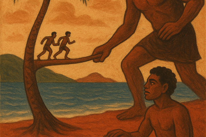 ChatGPT said: A parchment-style illustration of the Vanuatu legend “Qasavara the Giant,” showing Qat drumming on the red earth as a towering giant with shark-like teeth reaches for fleeing men climbing a bending casuarina tree that bridges to another island beneath an orange sky and blue sea.