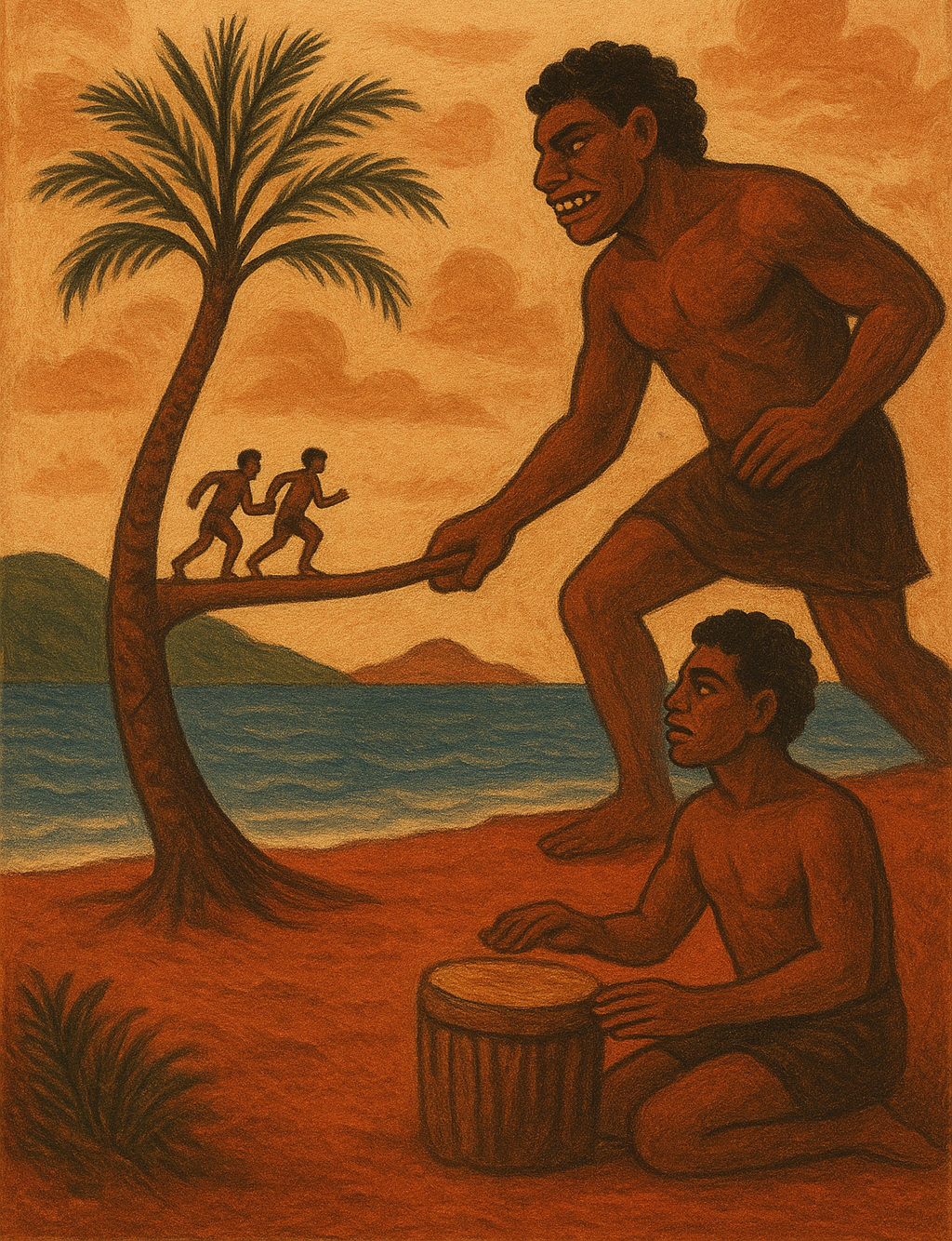 ChatGPT said: A parchment-style illustration of the Vanuatu legend “Qasavara the Giant,” showing Qat drumming on the red earth as a towering giant with shark-like teeth reaches for fleeing men climbing a bending casuarina tree that bridges to another island beneath an orange sky and blue sea.