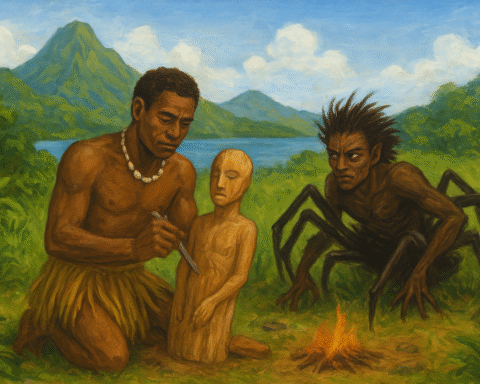 Qat, the wise creator, carves the first humans from wood and brings them to life on the lush Banks Islands, while his jealous brother Marawa the Spider tries to imitate him but instead causes decay and brings death into the world.