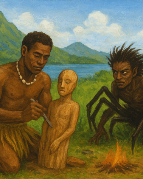 Qat, the wise creator, carves the first humans from wood and brings them to life on the lush Banks Islands, while his jealous brother Marawa the Spider tries to imitate him but instead causes decay and brings death into the world.