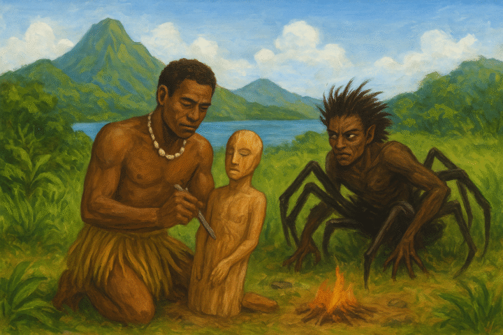 Qat, the wise creator, carves the first humans from wood and brings them to life on the lush Banks Islands, while his jealous brother Marawa the Spider tries to imitate him but instead causes decay and brings death into the world.