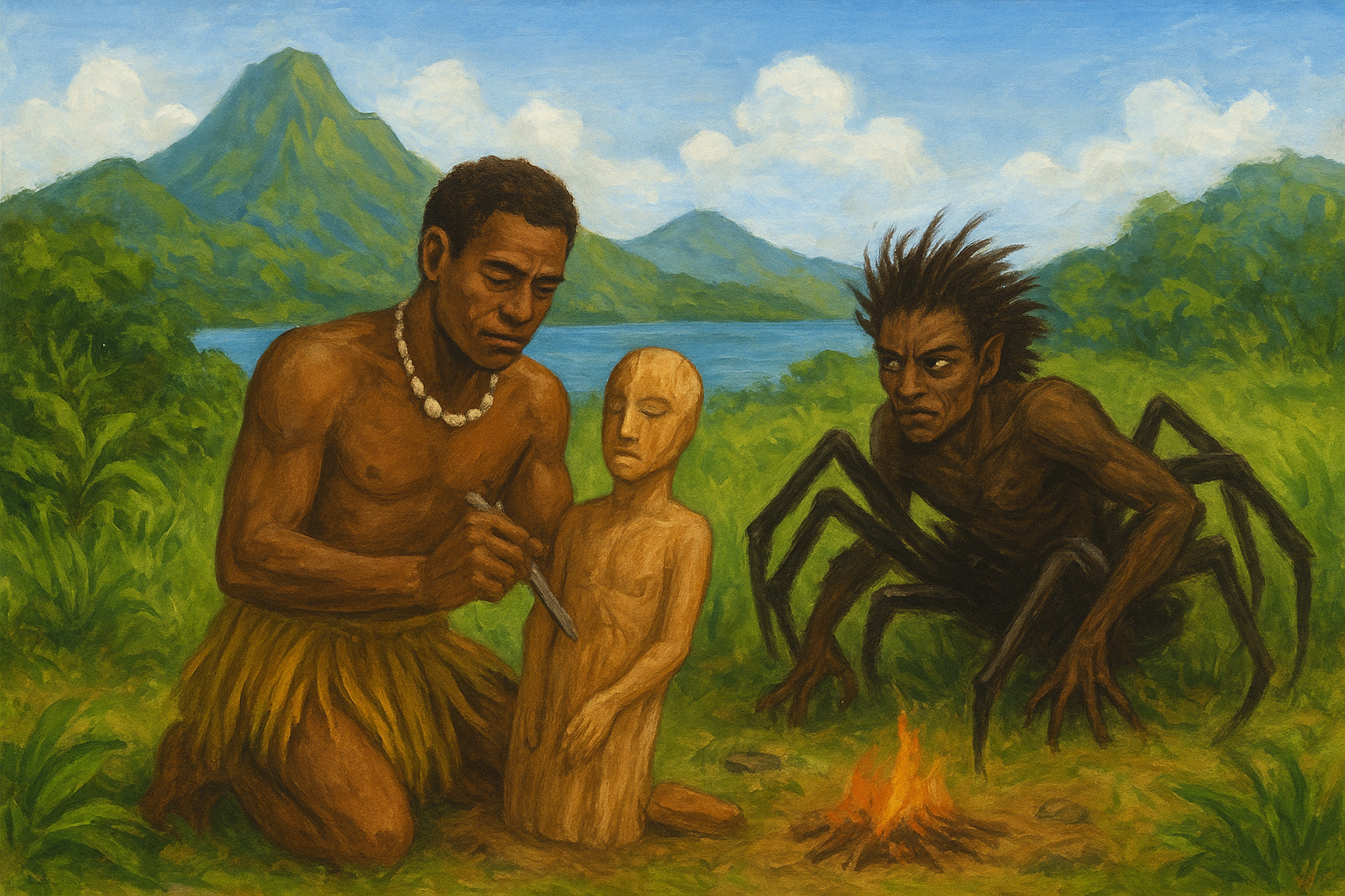 Qat, the wise creator, carves the first humans from wood and brings them to life on the lush Banks Islands, while his jealous brother Marawa the Spider tries to imitate him but instead causes decay and brings death into the world.